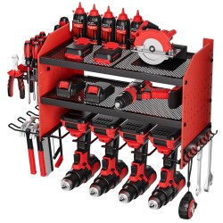 Sähkötyökalujen säilytysteline seinään kiinnitettävä kolmitasoinen hiiliteräs mattakirkkaan punainen neljä porapaikkaa