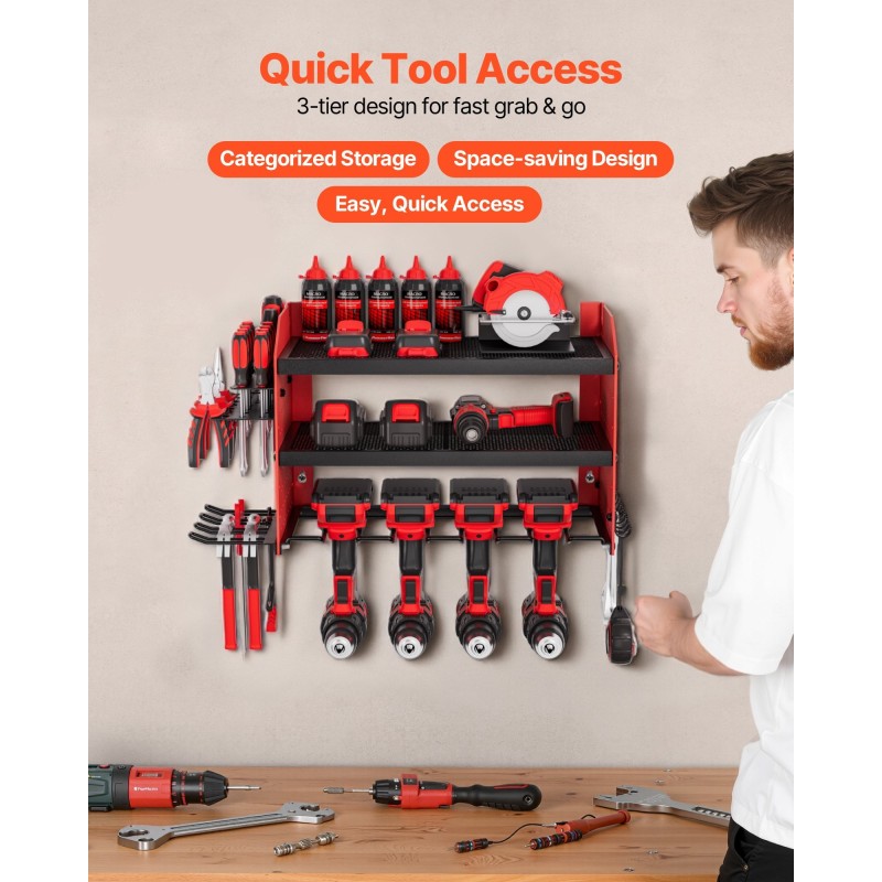 Sähkötyökalujen säilytysteline seinään kiinnitettävä kolmitasoinen hiiliteräs mattakirkkaan punainen neljä porapaikkaa