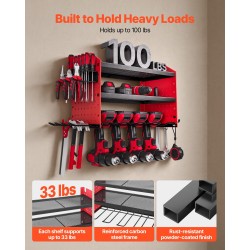 Sähkötyökalujen säilytysteline seinään kiinnitettävä kolmitasoinen hiiliteräs mattakirkkaan punainen neljä porapaikkaa