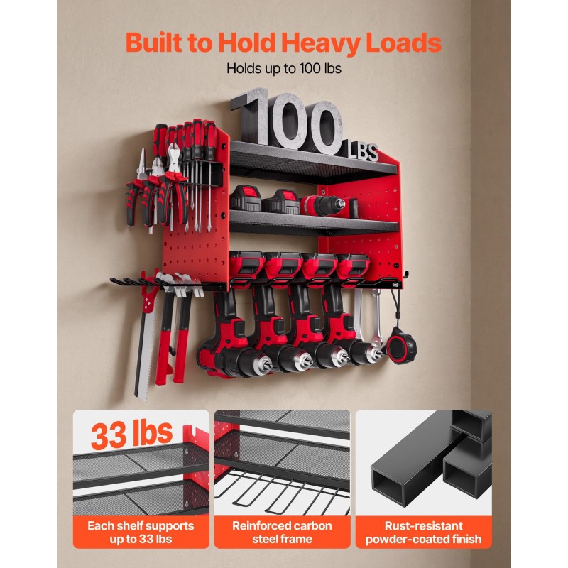 Sähkötyökalujen säilytysteline seinään kiinnitettävä kolmitasoinen hiiliteräs mattakirkkaan punainen neljä porapaikkaa