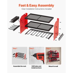 Sähkötyökalujen säilytysteline seinään kiinnitettävä kolmitasoinen hiiliteräs mattakirkkaan punainen neljä porapaikkaa