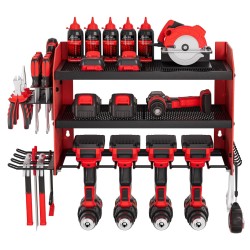 Sähkötyökalujen säilytysteline seinään kiinnitettävä kolmitasoinen hiiliteräs mattakirkkaan punainen neljä porapaikkaa