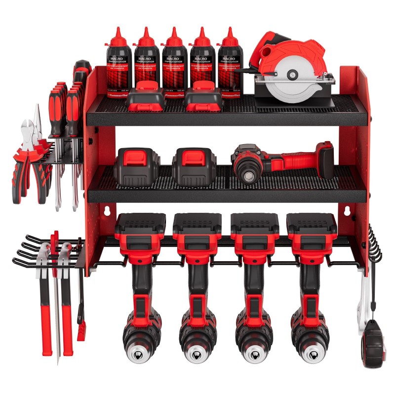 Sähkötyökalujen säilytysteline seinään kiinnitettävä kolmitasoinen hiiliteräs mattakirkkaan punainen neljä porapaikkaa