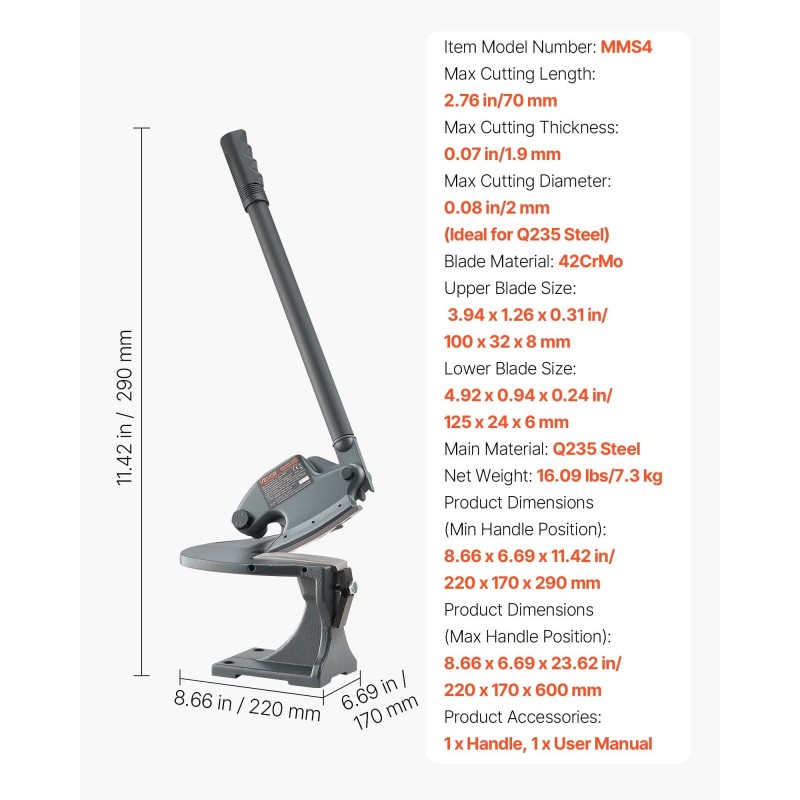 Manuaalinen penkille kiinnitettävä levyleikkuri kovetetut terät teräsrunko 70 mm 1,9 mm