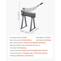 Käsikäyttöinen ohutlevyleikkuri 500 mm työleveys 1,5 mm pyöröterä alumiiniin ja teräkseen