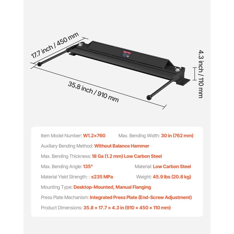 Pöytäkiinnitteinen käsikäyttöinen peltijarru 762 mm 1,2 mm pehmeä teräs