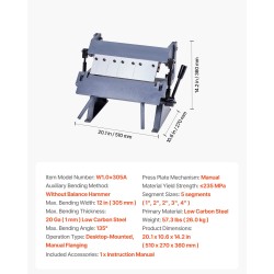 Levytaivutin käsikäyttöinen 12 tuuman 1 mm vähähiiliselle teräkselle 5 irrotettavaa sormea
