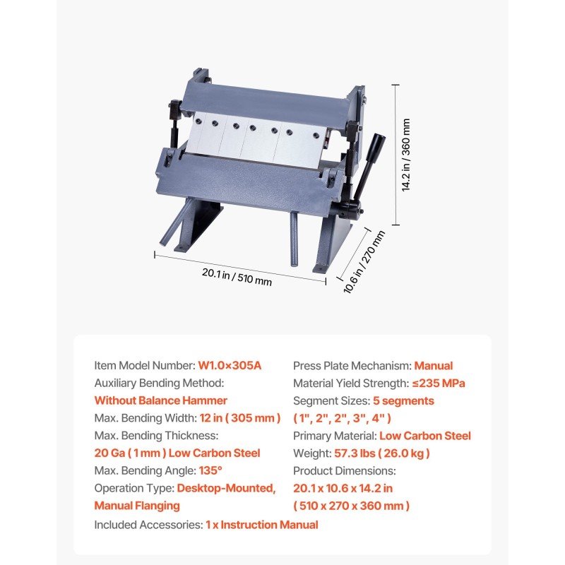 Levytaivutin käsikäyttöinen 12 tuuman 1 mm vähähiiliselle teräkselle 5 irrotettavaa sormea