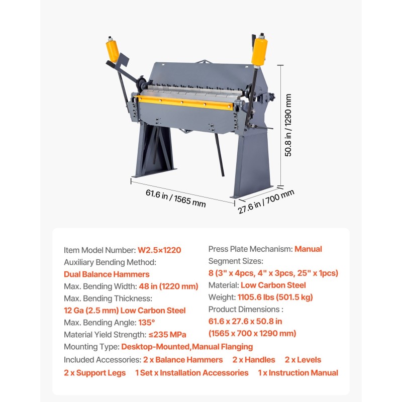 Peltitaivutin 1220 mm, 2,5 mm vähähiilinen teräs, pöytäkiinnitettävä, 8 irrotettavaa sormea