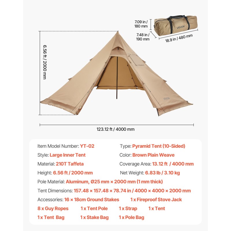Teltta pyramidimallinen 10-sivuinen 4 hengelle 4 x 4 m 210T tafti kamiinayhteellä