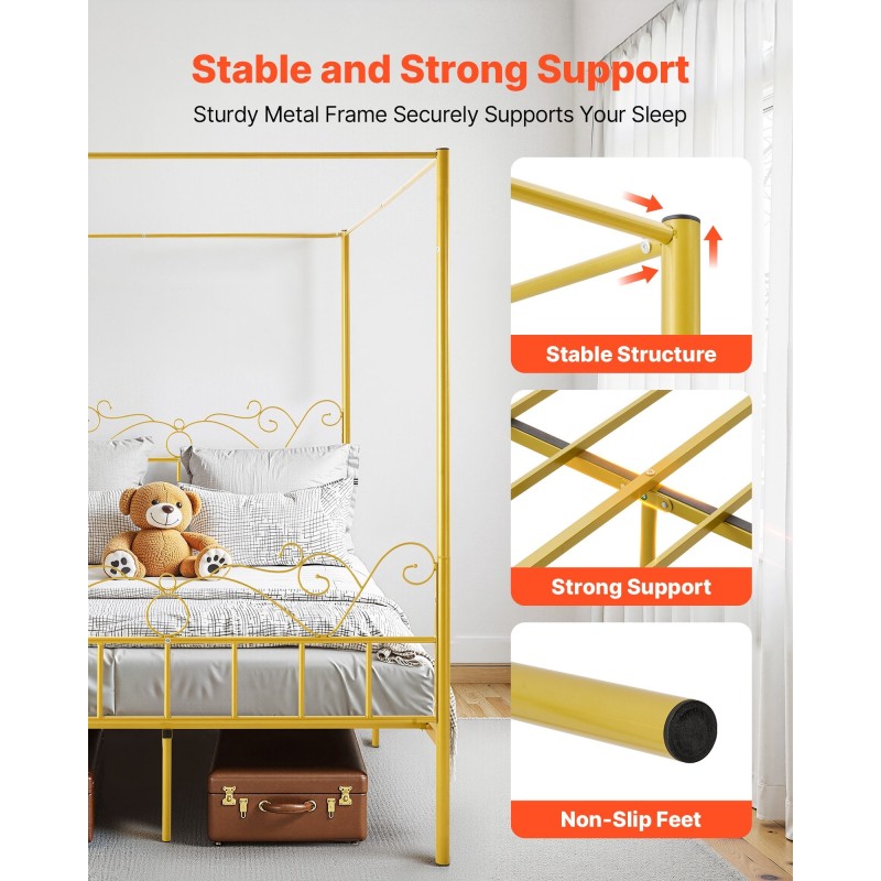 Teräs katossängyn runko 211 x 155 cm patjalle kultainen neljän pylvään katosrakenne