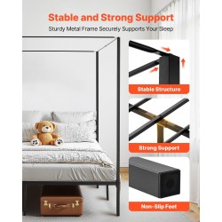 Metallinen kattosänky parivuode musta neljällä pylväspuulla