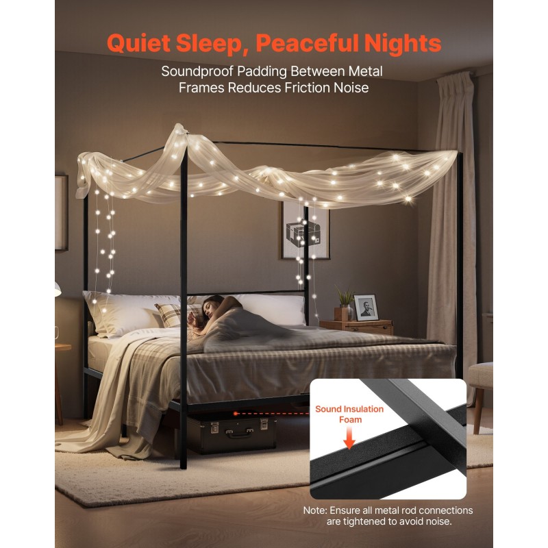 Metallinen kattosänky parivuode musta neljällä pylväspuulla