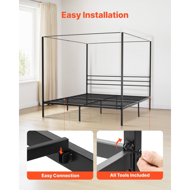 Metallinen kattosänky parivuode musta neljällä pylväspuulla