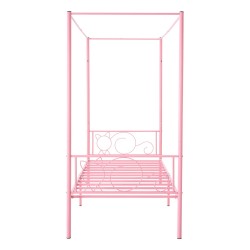 Metallinen yhden hengen katossängyn runko neljän pylvään vaaleanpunainen