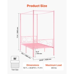 Metallinen yhden hengen katossängyn runko neljän pylvään vaaleanpunainen