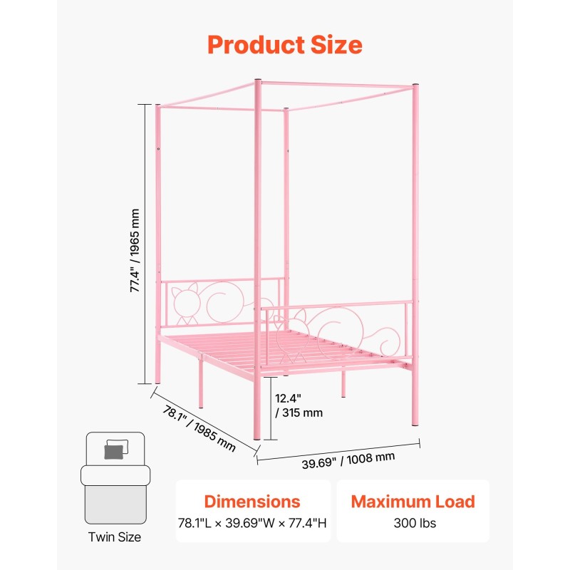 Metallinen yhden hengen katossängyn runko neljän pylvään vaaleanpunainen