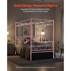 Metallinen yhden hengen katossängyn runko neljän pylvään vaaleanpunainen