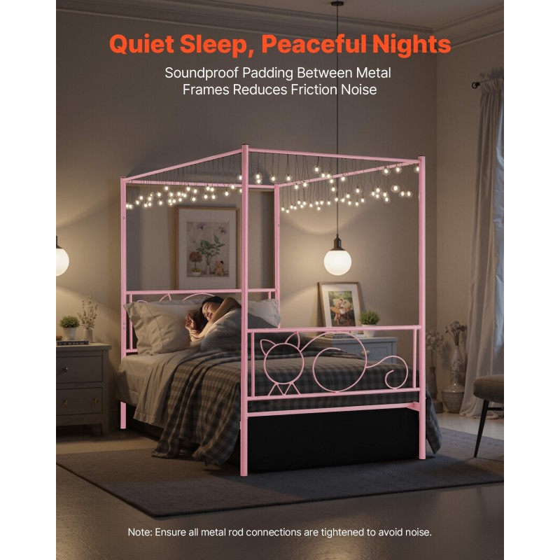 Metallinen yhden hengen katossängyn runko neljän pylvään vaaleanpunainen