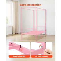 Metallinen yhden hengen katossängyn runko neljän pylvään vaaleanpunainen