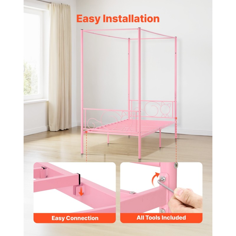 Metallinen yhden hengen katossängyn runko neljän pylvään vaaleanpunainen