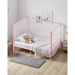 Metallinen yhden hengen katossängyn runko neljän pylvään vaaleanpunainen