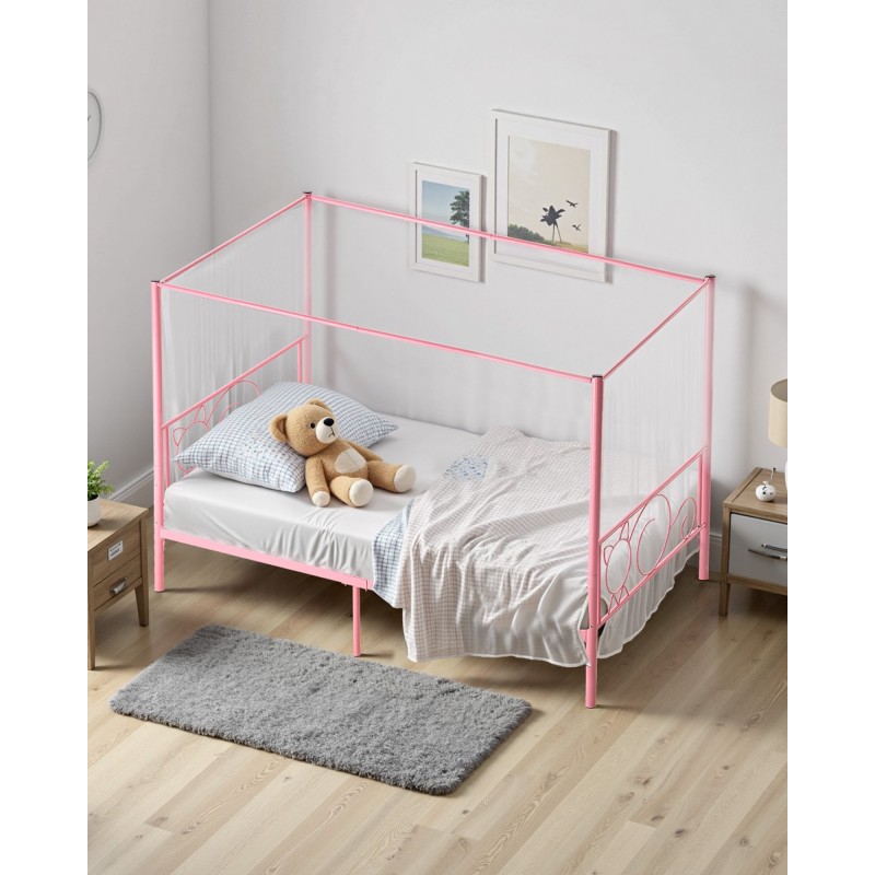 Metallinen yhden hengen katossängyn runko neljän pylvään vaaleanpunainen