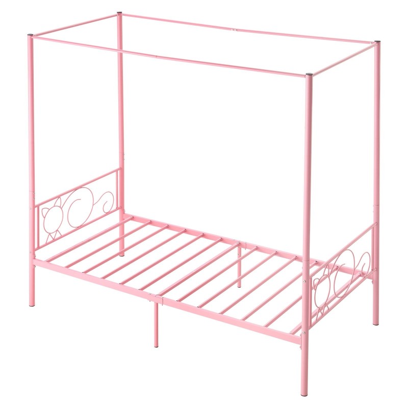 Metallinen yhden hengen katossängyn runko neljän pylvään vaaleanpunainen