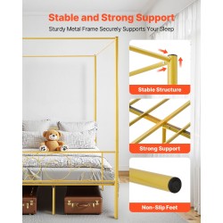 Metallinen täysikokoinen nelipylvässänky kullanvärinen terässäleillä äänieristystyynyillä noin 12,4 tuuman säilytystilalla