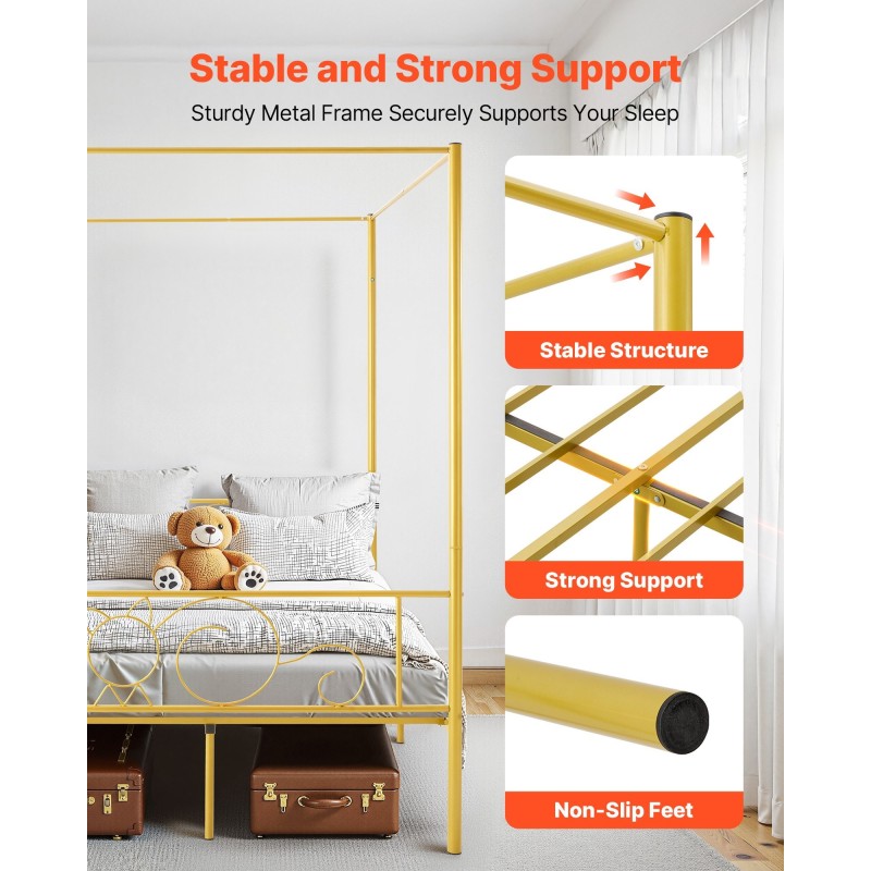 Metallinen täysikokoinen nelipylvässänky kullanvärinen terässäleillä äänieristystyynyillä noin 12,4 tuuman säilytystilalla