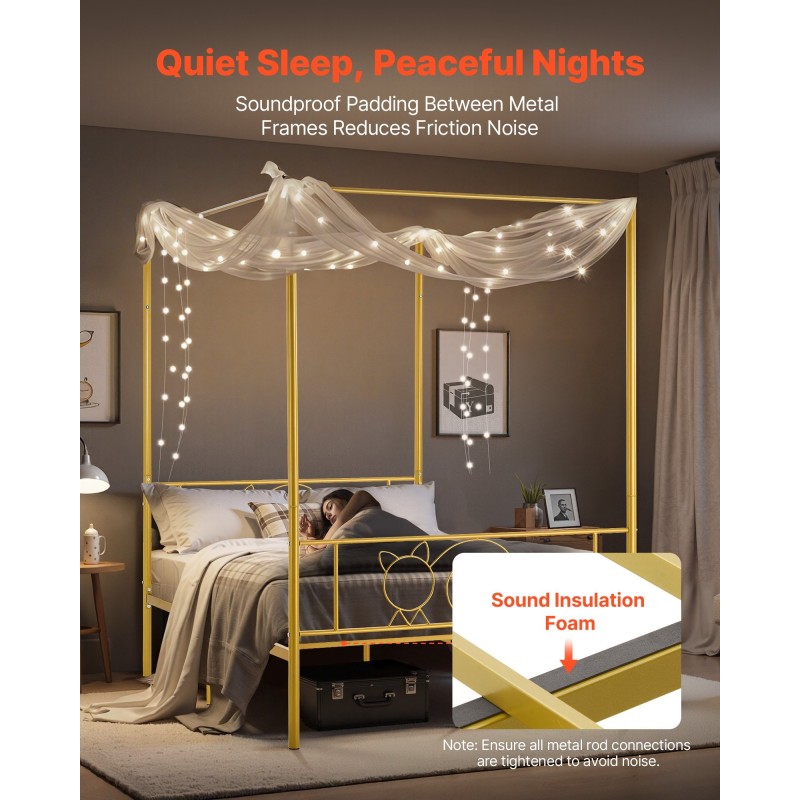 Metallinen täysikokoinen nelipylvässänky kullanvärinen terässäleillä äänieristystyynyillä noin 12,4 tuuman säilytystilalla