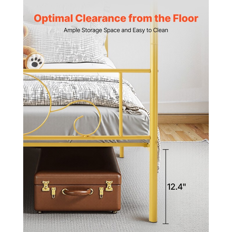 Metallinen täysikokoinen nelipylvässänky kullanvärinen terässäleillä äänieristystyynyillä noin 12,4 tuuman säilytystilalla