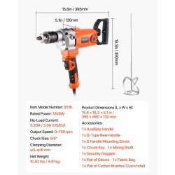 Sähkökäyttöinen pora ja sekoitin 1200 W 0–750 kierrosta/min 5/8 tuuman istukka