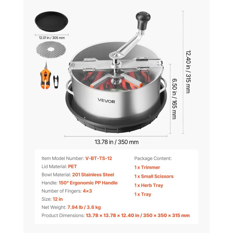 Manuaalinen lehti- ja nupputrimmeri 300 mm kulhomalli ruostumatonta terästä läpinäkyvällä PET-kannella