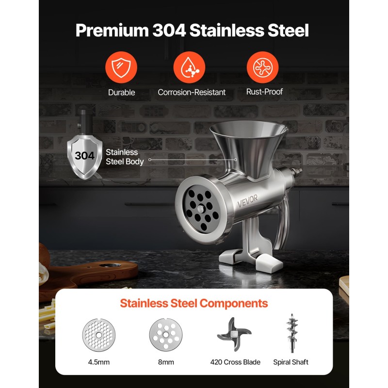 Käsikäyttöinen lihamylly ruostumatonta terästä pöytäkiinnityksellä kahdella leikkuulevyllä ja makkarasuppiloilla