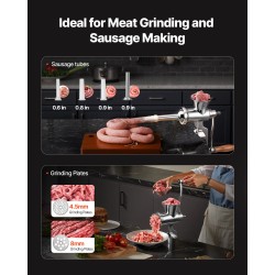 Käsikäyttöinen lihamylly ruostumatonta terästä pöytäkiinnityksellä kahdella leikkuulevyllä ja makkarasuppiloilla