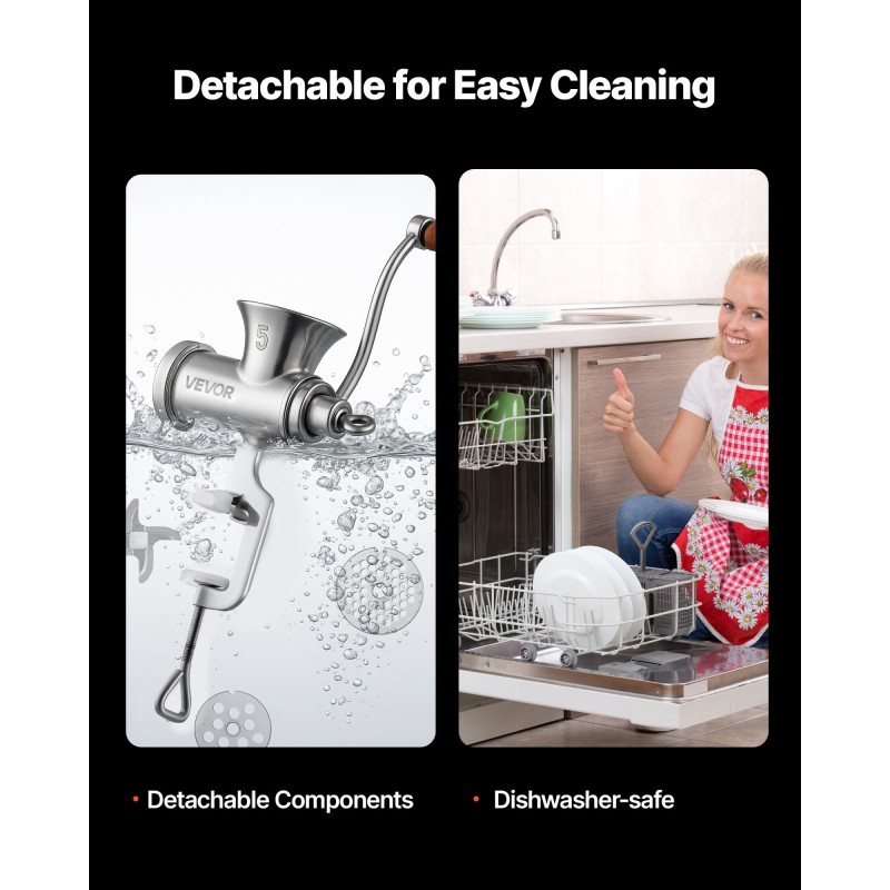 Käsikäyttöinen lihamylly ruostumatonta terästä pöytäkiinnityksellä kahdella leikkuulevyllä ja makkarasuppiloilla