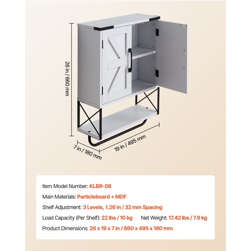 Seinään kiinnitettävä kylpyhuonekaappi lastulevy-MDF 660×495×180 mm valkoinen 2 ovea avohylly