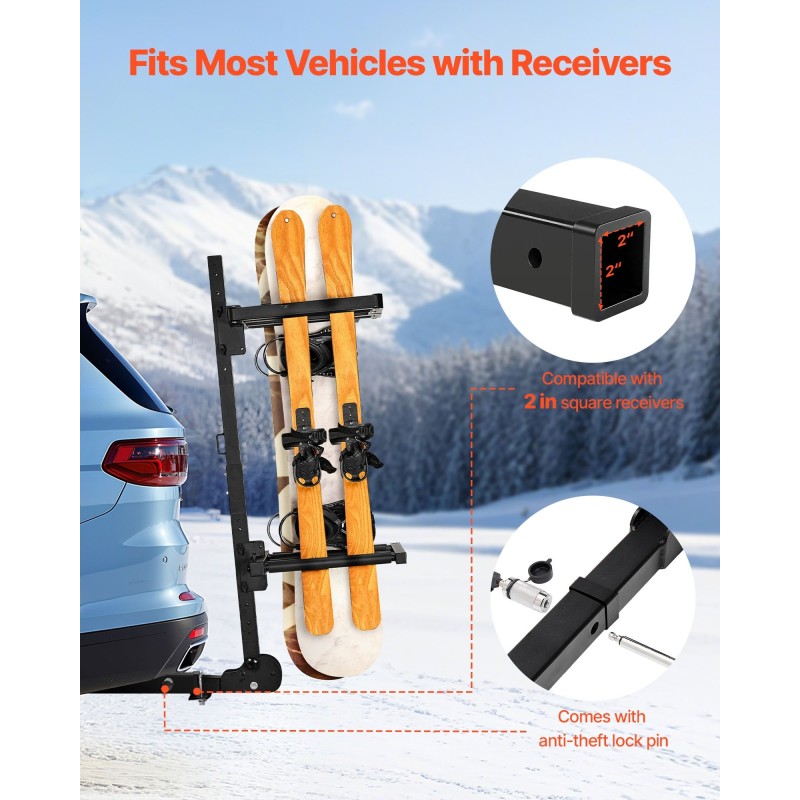 Vetokoukkuun kiinnitettävä suksi- ja lumilautateline 50 mm vastaanottimelle tilaa 6 paria lukittava