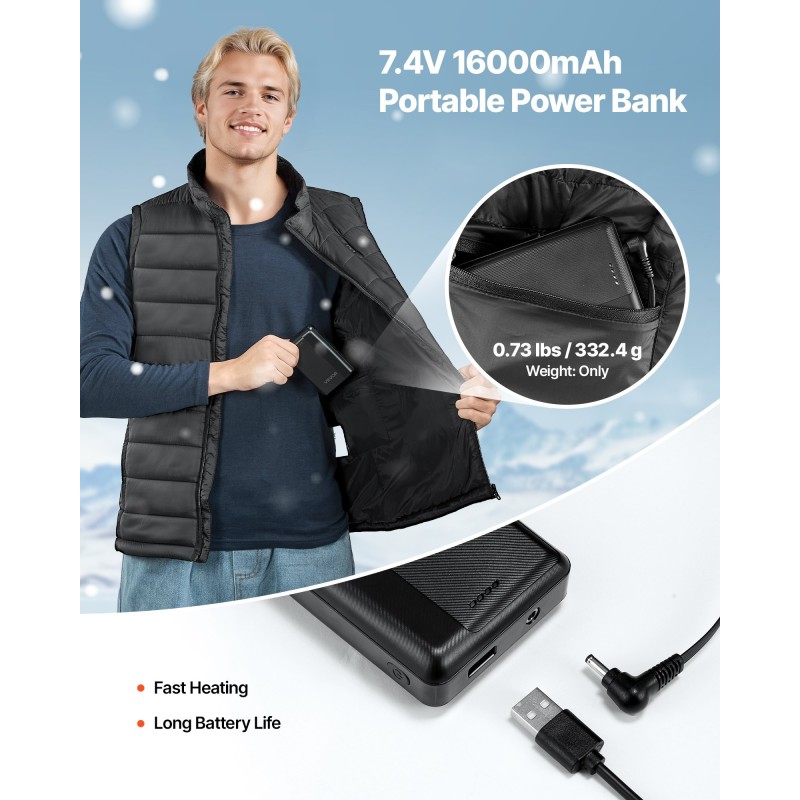 Sähkölämmitettävä miesten liivi koko L ulkoiluun 8 lämmitysvyöhykettä konepestävä
