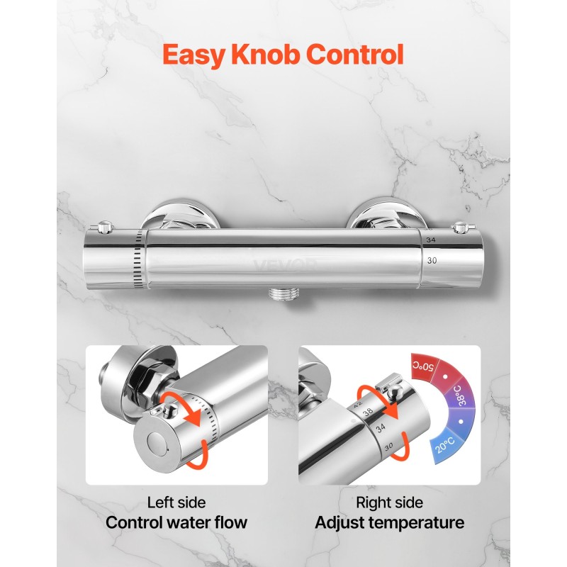 Termostaattinen suihkusekoitusventtiili messinkirunko kromipinnoite G1/2-liitännät kaksoisäätö 20–50 asteen lämpöalue