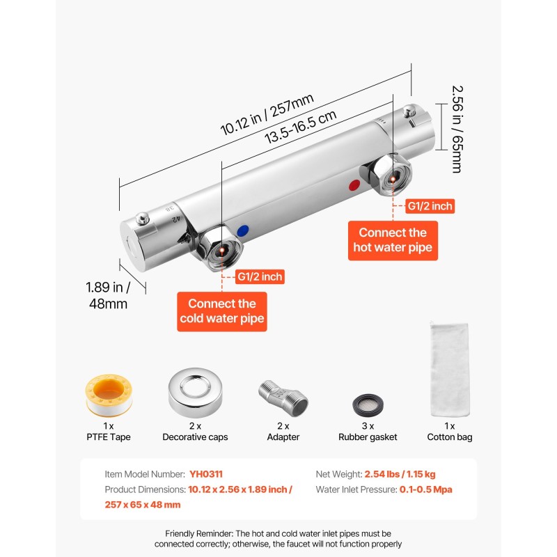 Termostaattinen suihkusekoitusventtiili messinkirunko kromipinnoite G1/2-liitännät kaksoisäätö 20–50 asteen lämpöalue