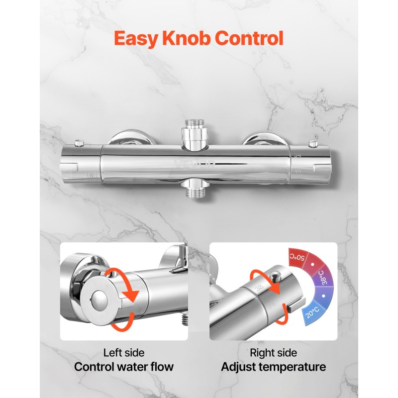 Termostaattinen suihkuhana messinkirunko kromattu kolmekymmentäkahdeksan asteen turvalukolla G1/2 ja G3/4 liitännöillä