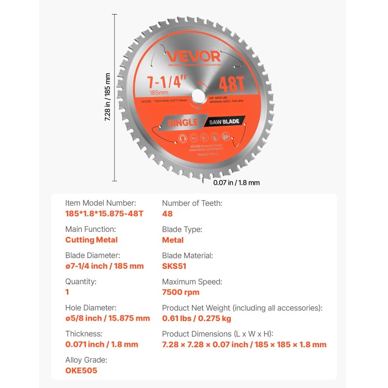 Metallin katkaisusahaterä 185 mm 48 hammasta kovaseos 1,8 mm