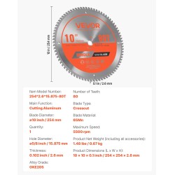 Metallin katkaisuterä 254 mm 80 hammasta 65Mn alumiinin katkaisuun