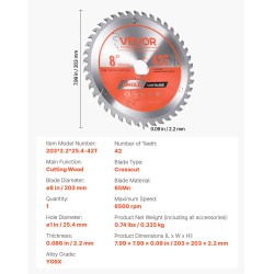 Pyörösahanterä 203 mm 65Mn teräs 42 hammasta 25,4 mm keskireikä