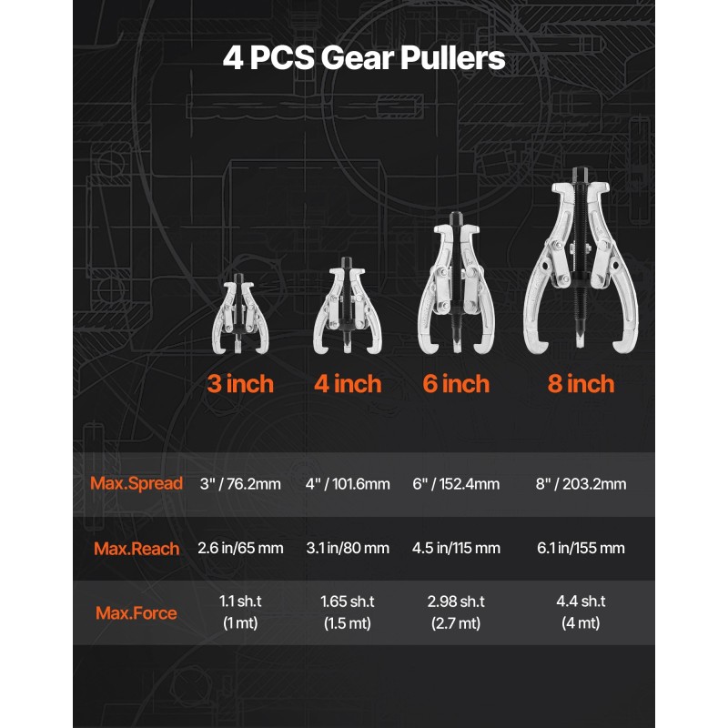 Ulosvetäjäsarja neliosainen kolme, neljä, kuusi ja kahdeksan tuumaa hammaspyörille ja laakereille