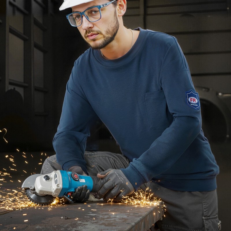 Palosuojattu pitkähiha paita 100% puuvilla M tummansininen rintatasku ATPV 11,6