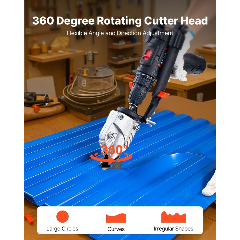 Porakoneeseen sopiva pelti- ja levyleikkuri 360-asteen kääntyvällä teräspäällä ruostumattomalle ja sinkitylle teräkselle