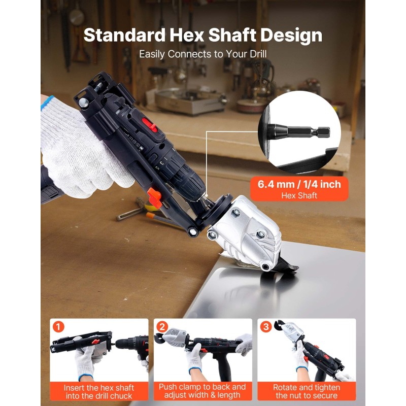 Porakoneeseen sopiva pelti- ja levyleikkuri 360-asteen kääntyvällä teräspäällä ruostumattomalle ja sinkitylle teräkselle